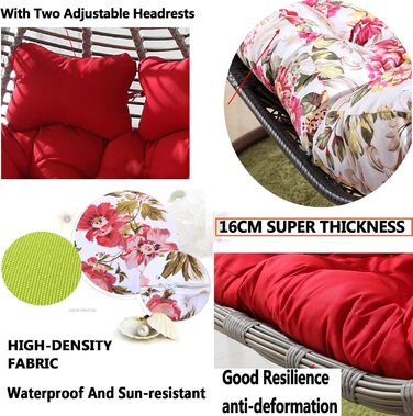 Яйцеподібна подушка для подвійного підвісного шезлонга-гойдалки, м&39яка, глибока подушка, подушка для двомісного крісла-гойдалки для використання на вулиці з ремінцями, повністю наповнена, не згинається (кавовий колір)