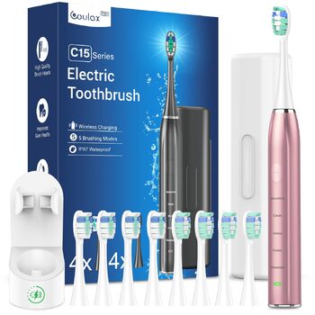 Електрична звукова зубна щітка для дорослих - відбілююча ультразвукова електрична зубна щітка з дорожнім кейсом та зарядною станцією, з 8 насадками, 5 режимами чищення, рожеве золото