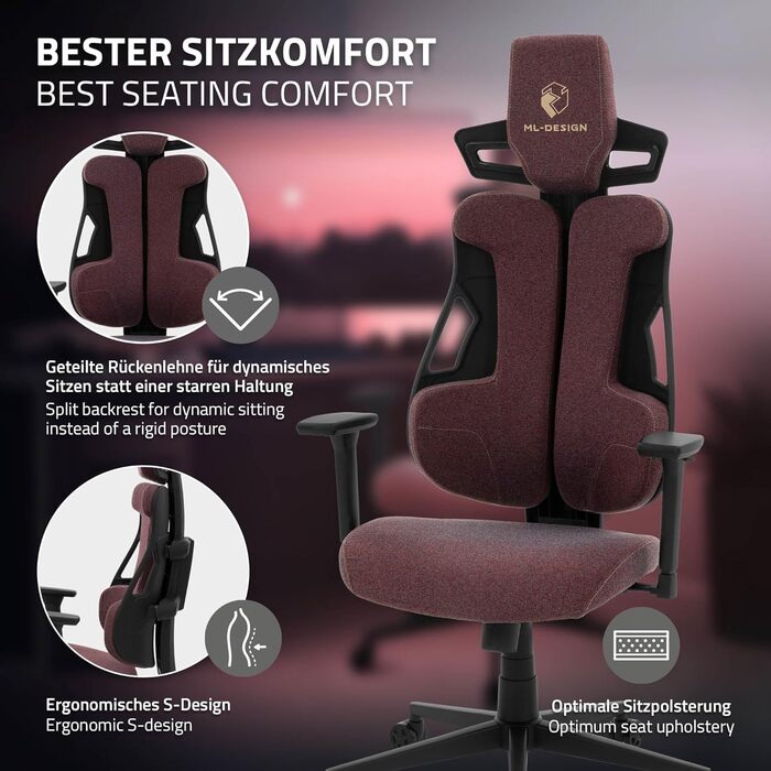 Ігрове крісло ML-Design, тканина, червоне, ергономічне офісне крісло, 3D підлокітники, підголівник, поперекова підтримка, індивідуально регульоване ігрове крісло, геймерське крісло, комп&39ютерне крісло, письмове крісло для домашнього офісу