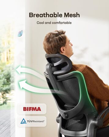 Ергономічне офісне крісло Marsail з регульованим підголівником, поперековою опорою та складними 3D-підлокітниками, регульована висота, обертове крісло, вантажопідйомність до 136 кг/300 фунтів, чорний колір, 58 Г x 60 Ш x 132 В см