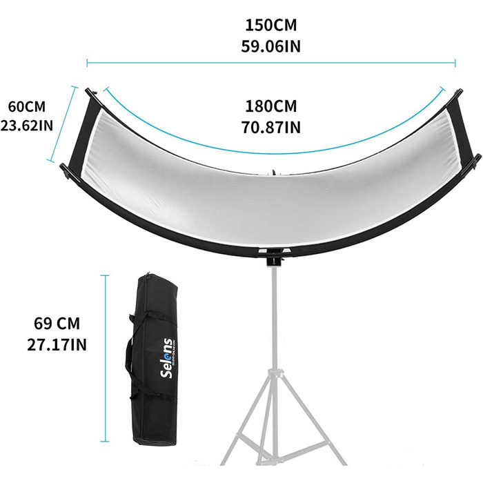 Портретний рефлектор Selens 4 в 1 60x180 см U-подібної форми вигнуті рефлектори світлова підставка 200 см регульований комплект розсіювача освітлення для фотостудії фотографії чорний/білий/золотий/сріблястий (відбивач 60x180 см)