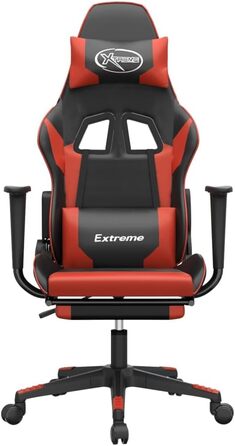 Геймерське крісло з підставкою для ніг, чорно-червона штучна шкіра, регульована висота спинки та сидіння, поворот на 360 градусів, міцний металевий каркас, ергономічна підтримка.