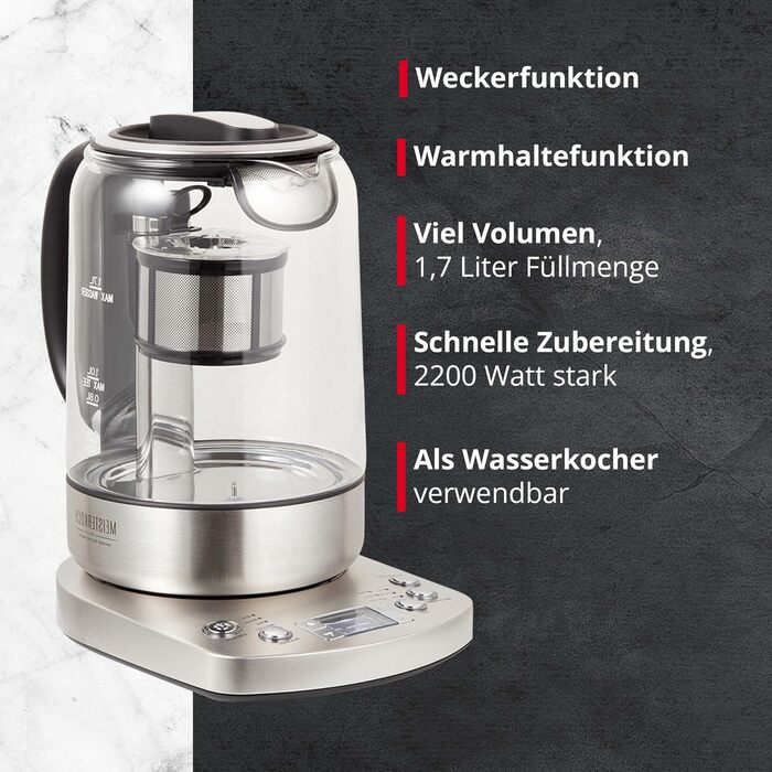 Електричний чайник з налаштуванням температури та автоматичним опусканням вставки ситечка, виготовлений зі скла з функцією збереження тепла, налаштуванням часу заварювання та світлодіодним світлом, адаптованим до сортів чаю, 170 TWE