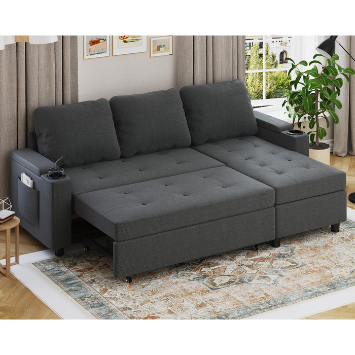 Кутовий диван Devoko зі сном та ящиком для зберігання речей, L-подібний диван, 3-місний розкладний диван-ліжко, лляна кушетка, невеликий розкладний диван для квартири та вітальні, темно-сірий, 200 см - L темно-сірий