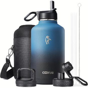 Пляшка для води Coolflask, ізольована, з соломинкою та 3 кришками, глечик для води 1,8 л, великий металевий, з нержавіючої сталі,