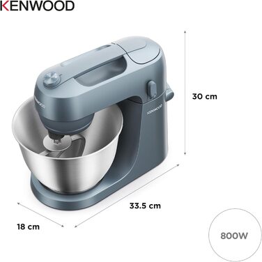 Кухонна машина Kenwood Go KZM35.000GY, компактна, чаша 4 л, K-гак, вінчик, гак для тіста, захисний екран та мірна ложка, металевий корпус з ручкою, 800 Вт, синьо-сіра