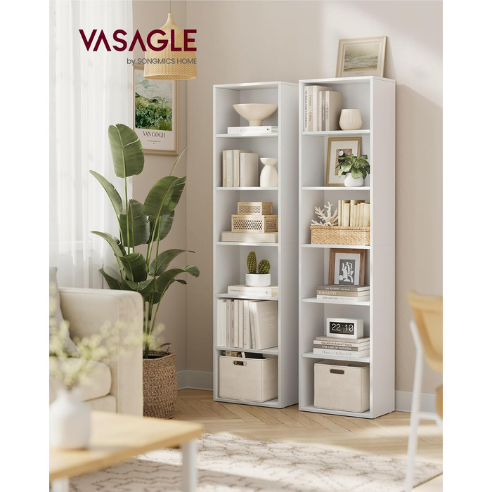 Книжкова полиця VASAGLE, 6-ярусна, відкрита полиця для зберігання, окремостояча полиця, 24 x 40 x 178,5 см, для вітальні, домашнього офісу, їдальні, хмарно-білий LBC167T14 6 ярусів (40Ш x 178,5В см) хмарно-білий