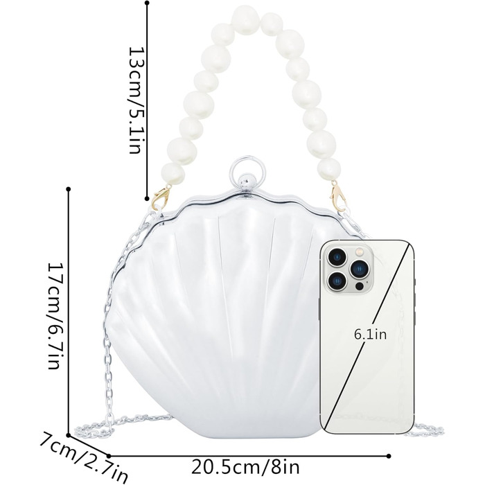 Клатч-розкладачка Морська Раковина з акрилу, з перлинною ручкою-ланцюжком. Вечірня сумочка для весілля, косплею, на плече або через плече, сріблястий.