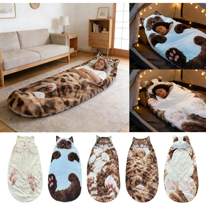 Спальний мішок для дорослих - Чарівний спальний мішок-конверти для котів, спальний мішок для котів, чарівний плюшевий спальний мішок для котів, плюшевий спальний мішок для кемпінгу та подорожей, жовтий колір B