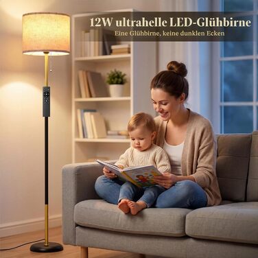 Торшер для вітальні 12Вт LED з дистанційним керуванням, RGB E27 лампою та шнуровим вимикачем підлогова лампа для читання з 3 режимами кольорової температури для спальні та офісу, чорно-золотий
