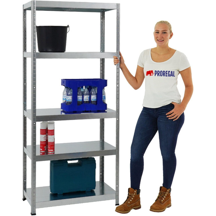 Металевий стелаж PROREGAL Steel Eagle 180x80x40 см, вантажопідйомність полиці 130 кг, оцинкований, надміцний стелаж, кухонний стелаж, стелаж для підвалу, стелаж без болтів, гаражний стелаж, стелаж для зберігання 180x80x40 см, оцинкований