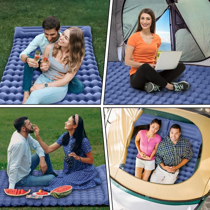 Килимок для кемпінгу для 2 осіб, 200x135 см, надлегкий, надувний матрац, килимок для сну з ножним насосом, складний килимок для сну з подушкою, темно-синій, двоспальний