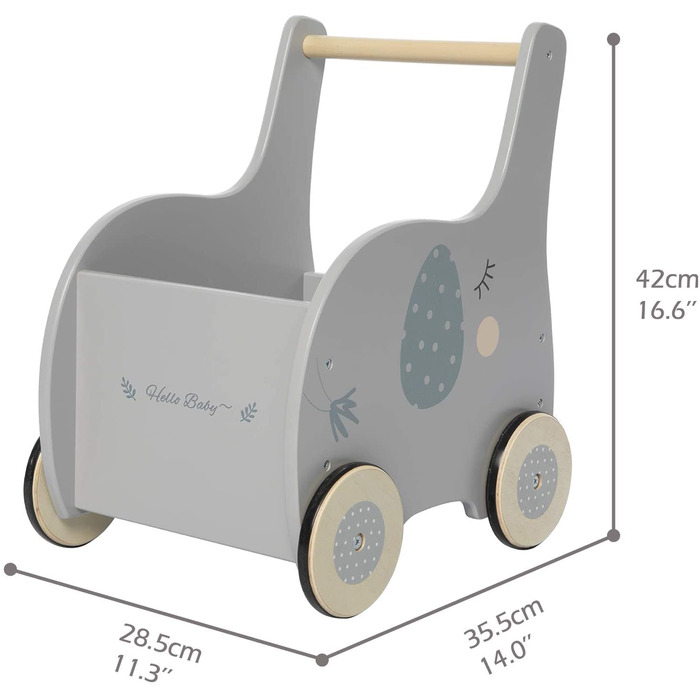 Дитячі ходунки Labebe Baby Walker Wood, ходунки для немовлят Baby Grey Elephant з місцем для зберігання на 1-3 роки, вільні від прогулянок/ходунки/іграшки для малюків/іграшки/коляска/розваги для дітей/ходунки