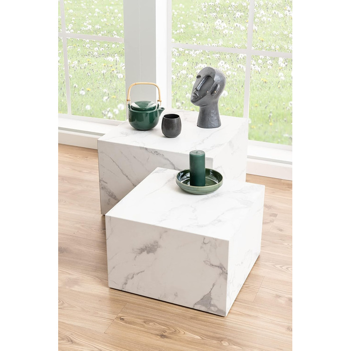 Комплект журнальних столиків AC Design Furniture Dicte Square з 2 шт. , білий з мармуровим ефектом, елегантний стіл для вітальні, приставний столик для вітальні, Ш 58 x В 40 x Г 58 см та Ш 50 x В 33 x Г 50 см