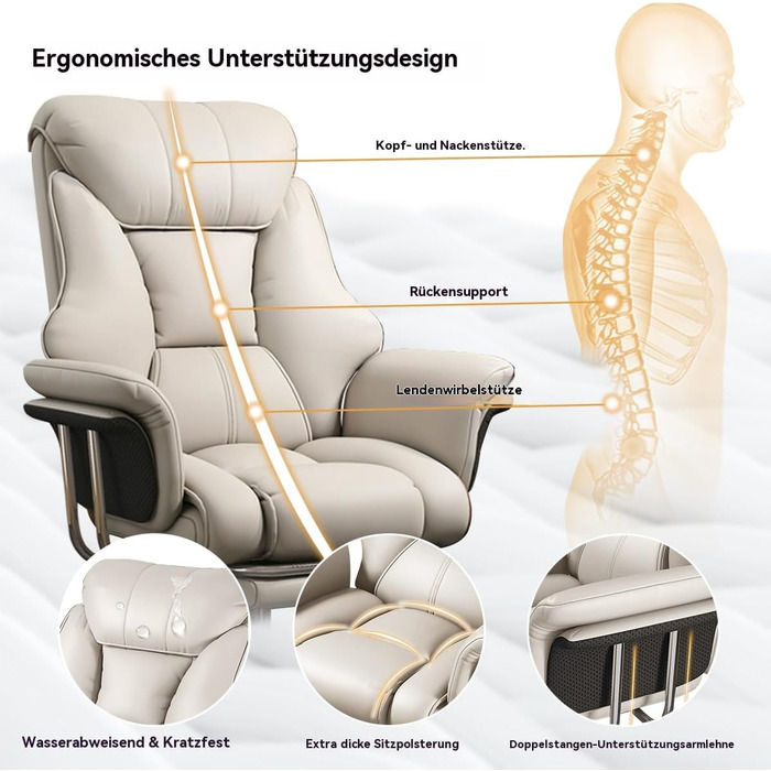 Велике та високе офісне крісло, вантажопідйомність 250 кг, надзвичайно широке шкіряне крісло керівника з висувною підставкою для ніг, міцне ергономічне крісло, комп&39ютерне крісло з регульованою висотою, біле, 59*49*120