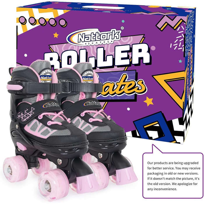 Дитячі роликові ковзани Nattork для дівчаток, хлопчиків та початківців, 4 розміри регульованих роликових ковзанів з колесами, що світяться, для дітей та початківців, для використання на вулиці та в приміщенні, великі (EU 35-38), рожеві.