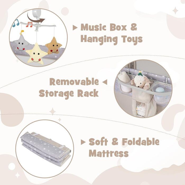 Дитяче ліжечко FANTASK 5 в 1, приліжкове ліжечко з колесами, ігрова арка та пеленальний килимок, дорожнє ліжечко з матрацом та сумкою для перенесення, мобільне дитяче дорожнє ліжечко для малюків до 3 років (бежевий)