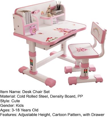 Дитячий функціональний комплект столу та стільця, регульований по висоті, для дітей, школи та навчання, комплект столу та стільця з мультяшним візерунком, ергономічний стілець з великою письмовою дошкою, книжковою полицею та