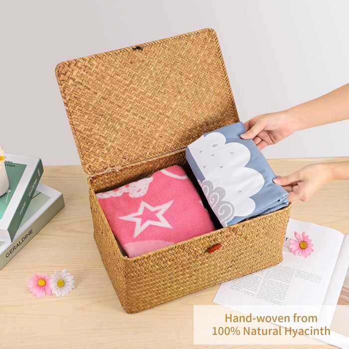 Коробка для зберігання FEILANDUO з 3 предметів з кришкою, плетений кошик для косметики з морських водоростей, кошик-органайзер для робочого столу та вітальні (великий, натуральний)