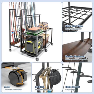 Тримач для вудок для гаража з котушками Місткість 24 вудки місце для зберігання рибальських аксесуарів Підставка для вудок для гаража, човна та дому Ідеально підходить для рибалок та рибальських груп (великий)