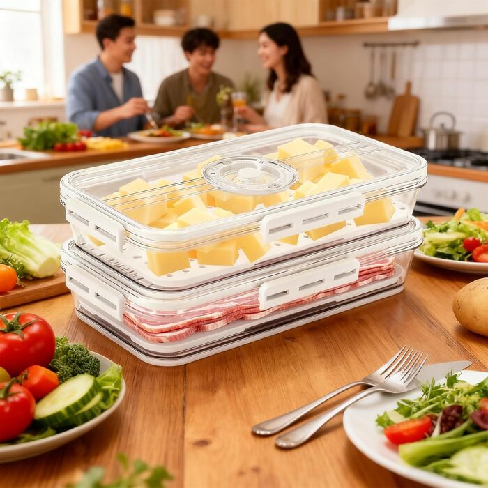 Коробка для зберігання сиру та ковбаси для холодильника, комплект з 2 шт. коробка Deli з лотком для зливання рідини та таймером, герметична, штабелюється та прозора, ідеально підходить як коробка Deli для сиру та ковбаси в холодильнику