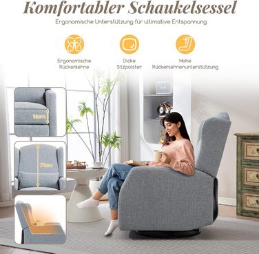 Крісло-гойдалка з функцією відкидання спинки, крісло для телевізора з поворотом на 360 для вітальні, крісло-гойдалка з м&39якою поперековою опорою, крісло для телевізора з функцією гойдання, ручне регулювання (сіре)