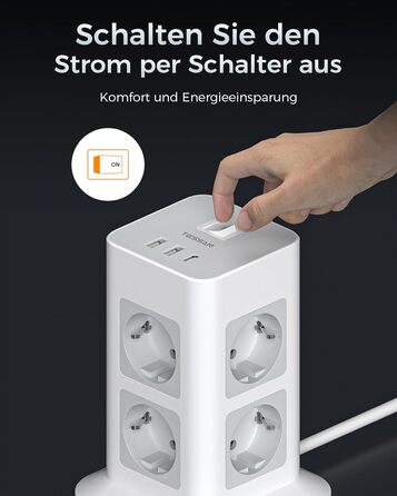 Захист від перенапруги на кілька розеток 3600 Вт 16А, розетка TESSAN 8 відділень USB C з декількома вилками, розетка з подовжуваче