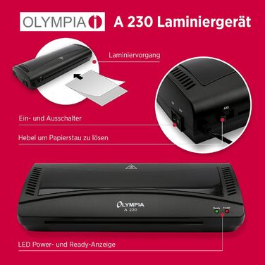 Ламінувальний набір Olympia A 230 4-в-1 Гаряче та холодне ламінування Ламінатор з закруглювачем кутів, різаком для паперу та ламінувальними пакетами Ламінування без бульбашок Захист від перегріву Одинарний ламінатор A4