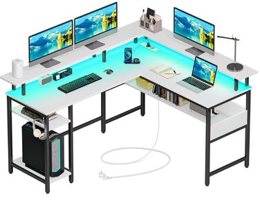 Г-подібний ігровий стіл Rolanstar зі світлодіодним освітленням та розетками, ігровий стіл з підставкою для монітора та місцем для зберігання, кутовий стіл з 2 гачками, великий двосторонній комп&39ютерний стіл для офісу (білий, 137 x 108 см) Білий 137 x 10