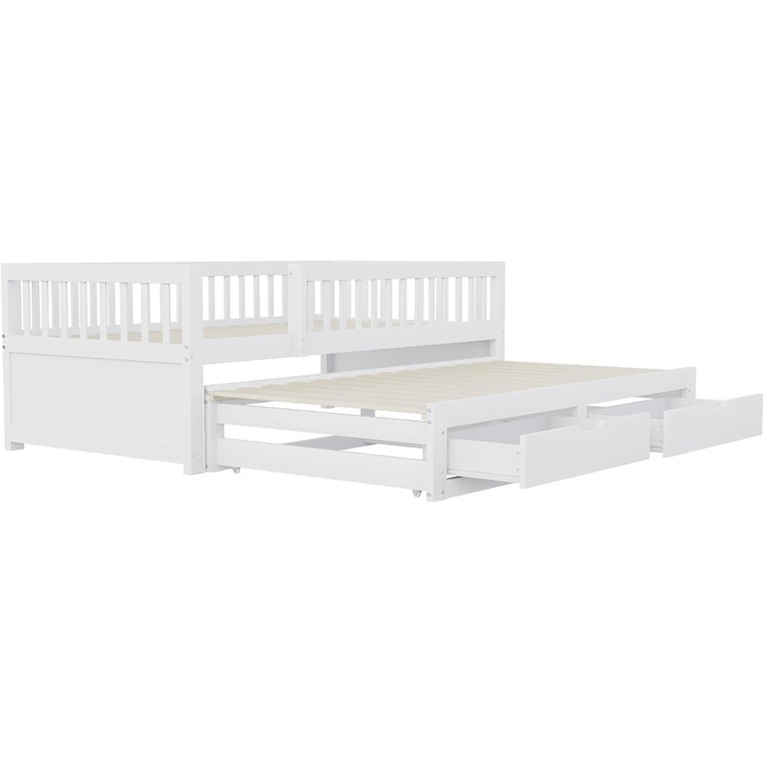 Дитяче ліжко 90x200 диван-ліжко з масиву дерева з висувним ліжком та шухлядами, багатофункціональне ліжко, кушетка, гостьове ліжко з місцем для зберігання речей, дитяче ліжко, каркас ліжка із захистом від падіння та рейковою основою, без матраца, біле. Бі