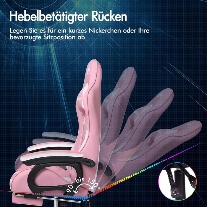 Ігрове крісло ALFORDSON, офісне крісло, з 2-точковим масажем, підставкою для ніг, підголівником та поперековою подушкою, регульована спинка 150, штучна шкіра, рожевий