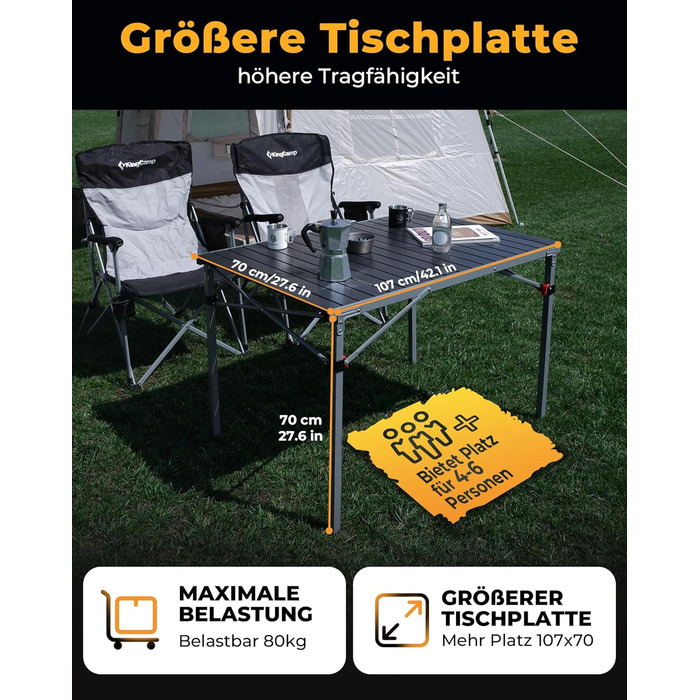 Складаний кемпінговий стіл KingCamp з алюмінієвою рамою, зсувна стільниця для 4-8 осіб, складний кемпінговий стіл з сумкою для перенесення, вантажопідйомність до 80 кг, чорний, 4 особи