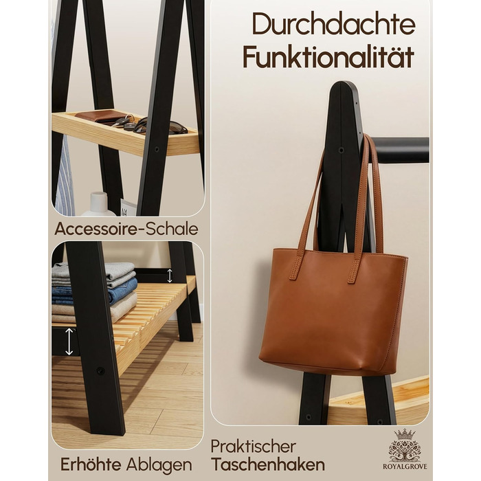 Вішалка для одягу, штанга для одягу, підставка для гардеробу, 44 x 110 x 160 см, шафа, полиця для взуття, відкрита шафа, 7 полиць, спальня, передпокій, бамбук, чорний