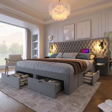 Двоспальний комплект ліжка 180 x 200 см з 2 тумбочками та 4 шухлядами, узголів&39ям зі світлодіодним підсвічуванням та функцією зарядки через USB - повний спальний гарнітур, оксамит, без матраца 180x200 сірий B
