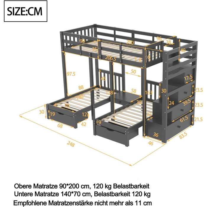 Двоярусне ліжко Billg 200x90 см для 3 дітей, дитяче ліжко із захистом від падіння, ліжко-горище з висувними ящиками, тумбочками і