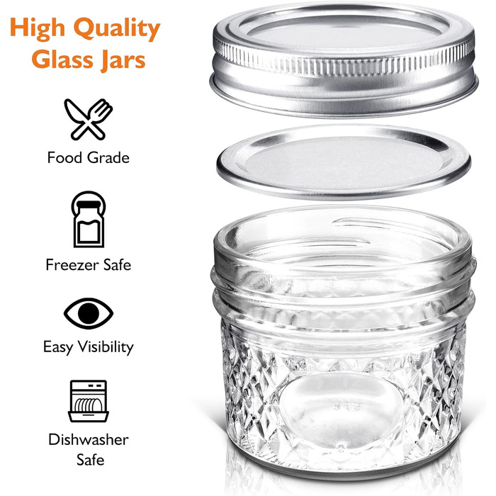 Міні-банки для консервування Tarana, банки для зберігання, прозорі скляні банки для консервування об&39ємом 4 унції з кришками, маленькі скляні банки об&39ємом 120 мл, що підходять для зберігання продуктів, варення, спецій, свічок, меду (12 шт. ) Срібляст