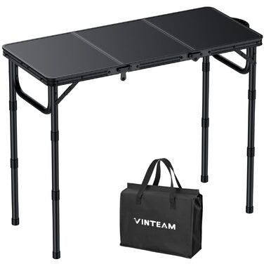 Складаний кемпінговий стіл VINTEAM 87x40 см 3 складні, регульована висота в 3 напрямках, алюмінієвий складаний стіл, балконний стіл, бічний столик, садовий стіл, легкий та портативний, ідеально підходить для кемпінгу, барбекю, пікніка та саду, МДФ