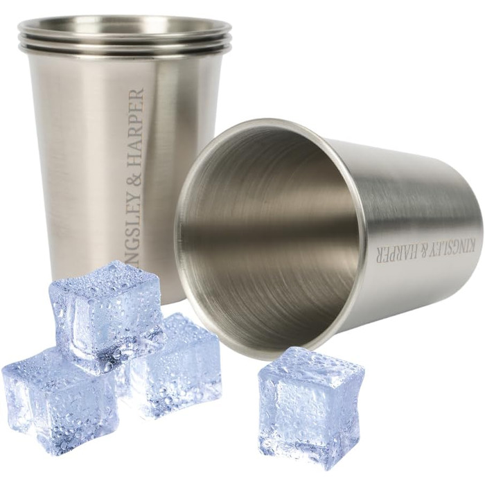 Стаканчики Kingsley & Harper з нержавіючої сталі, 335 мл (набір з 4 шт.) високоякісні, безпечні для харчових продуктів, стійкі до іржі, ударостійкі, багаторазові, екологічно чисті металеві стаканчики марки 304 для дітей, дорослих, кемпінгу, подорожей та.