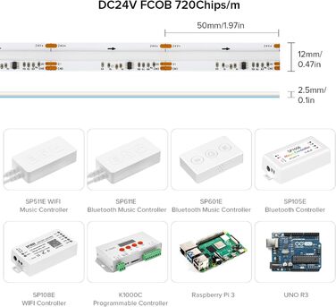 Гнучка світлодіодна стрічка COB високої щільності WS2811 IC світлодіодна стрічка 5M 630 світлодіодів/м 14 Вт/м DC24V IP30 Карбування кольору Прикраса своїми руками (не контролер вмісту та блок живлення) (біла друкована плата, DC24V 5M 720 світлодіодів/м)