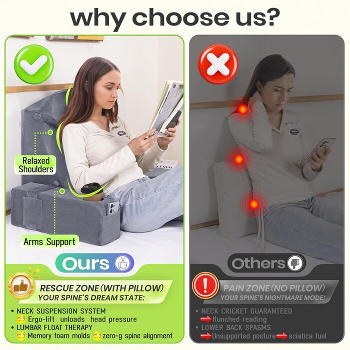 Подушка для читання для дорослих - спинка ліжка зі знімними підлокітниками, підсклянником та підсклянником для телефону - спинка подушки для комфортного сидіння в ліжку (СІРА, 53 см) Сіра 53 см