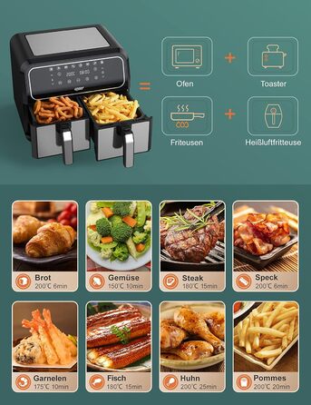 Двозонна фритюрниця Innsky двокамерна 8 л, 8 програм подвійна фритюрниця, фритюрниця з 2 кошиками, фритюрниця гаряче повітря без олії, подвійне приготування, синхронізація готової технології, режим струшування X-Large