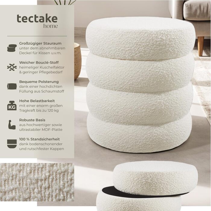 Табурет tectake для зберігання речей, пуф у скандинавському стилі з тканини букле teddy, круглий м&39який табурет для туалетного столика, меблі для вітальні, меблі для коридору, табурет для зберігання речей, Ø 42 x 47 см - букле кремово-білий 42Г x 42Ш x 