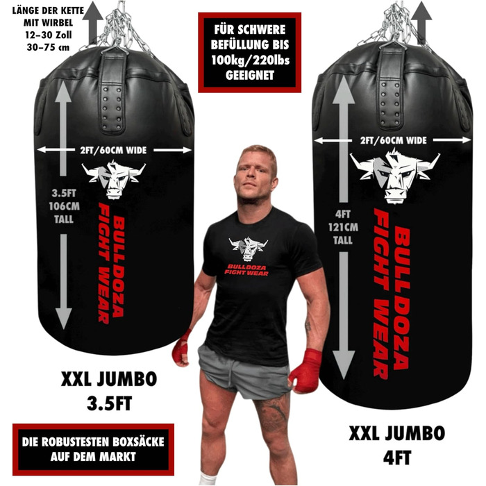 Боксерська груша Jumbo Giant XXL Bull Doza Fight Wear Heavy Duty із самонаповнювальним механізмом, підвісними ланцюгами, поворотним механізмом, карабіном, для ММА, кікбоксингу, муай-тай, бойових мистецтв XXL JUMBO 4FT