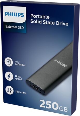 Зовнішній портативний SSD-накопичувач Philips на 250 ГБ - ультратонкий SATA Ultra Speed USB-C, швидкість читання до 540 МБ/с, алюміній