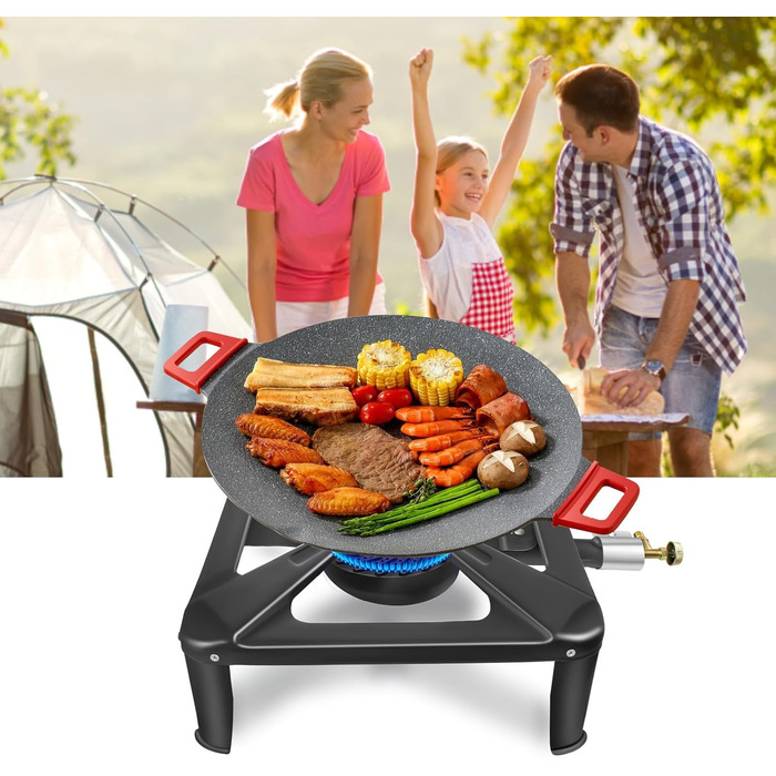 Газова плита BACOENG 10 кВт, 4-нога кемпінгова плита Wok, включаючи шланг 1,5 м та регулятор тиску 50 мбар, 4-нога газова плита для кемпінгу та використання на свіжому повітрі