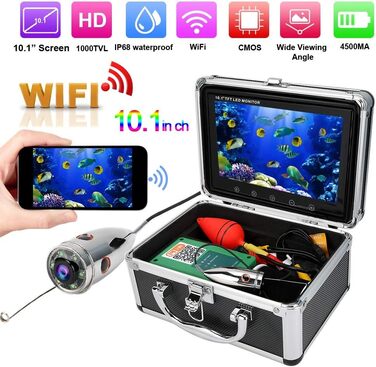 Підводна камера для риболовлі Відеореєстратор Підводний ехолот Камера для ехолота Бездротовий WiFi Відеокамера для підводної риболовлі Ехолот ІЧ підсвічування 1000 TVL Монітор Портативна відеокамера для риболовлі з коробкою 10,1 дюйма