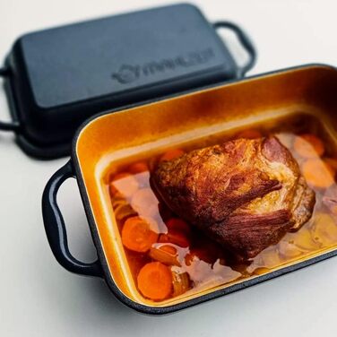 Чавунна емальована жаровня Mahlzeit з кришкою 4,8 л Сонячний апельсин жаровня 2 в 1 зі сковородою безпечна для духовки, безпечна д