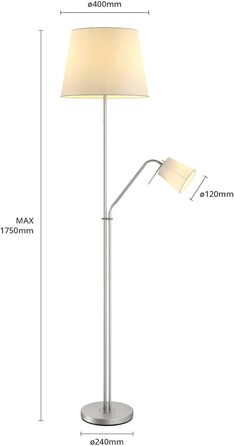 Тканинний торшер Lindby Текстильний абажур з лампою для читання, торшер текстильний абажур, лампа для читання Торшер для вітальні, E27 і E14, без лампочки