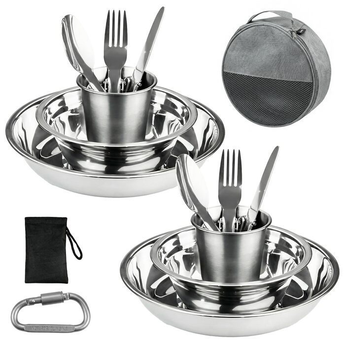 Набір посуду для кемпінгу на 2 особи - нержавіюча сталь 304, тарілки, миски, чашки та столові прибори, чохол та карабін, портативний посуд для пікніків, барбекю та відпочинку на природі (13 предметів)