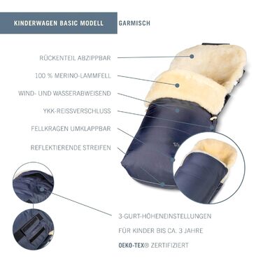 Муфта для ніг з овчини, сертифікована Oeko-TEX, 45x97 см, вітро- та водонепроникна, задня частина на блискавці, можна прати при те